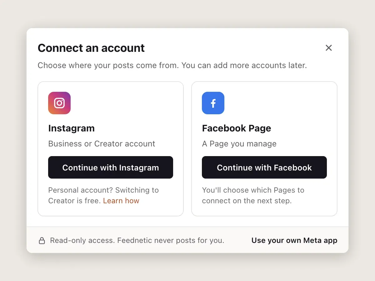 Connect an account dialog with Instagram and Facebook options