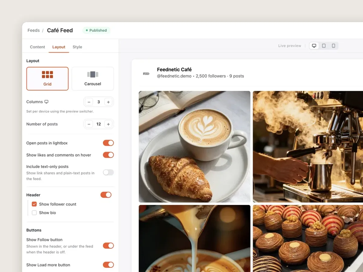 Feed editor with layout settings and a live grid preview